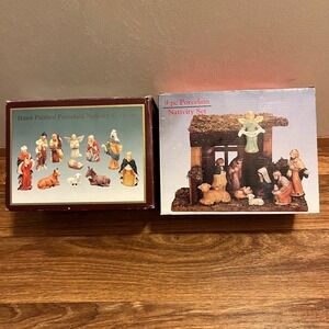 Hand‎ Painted Porcelain Nativity Set Jesus Mary Joseph Stable Angel Figures 9 pc